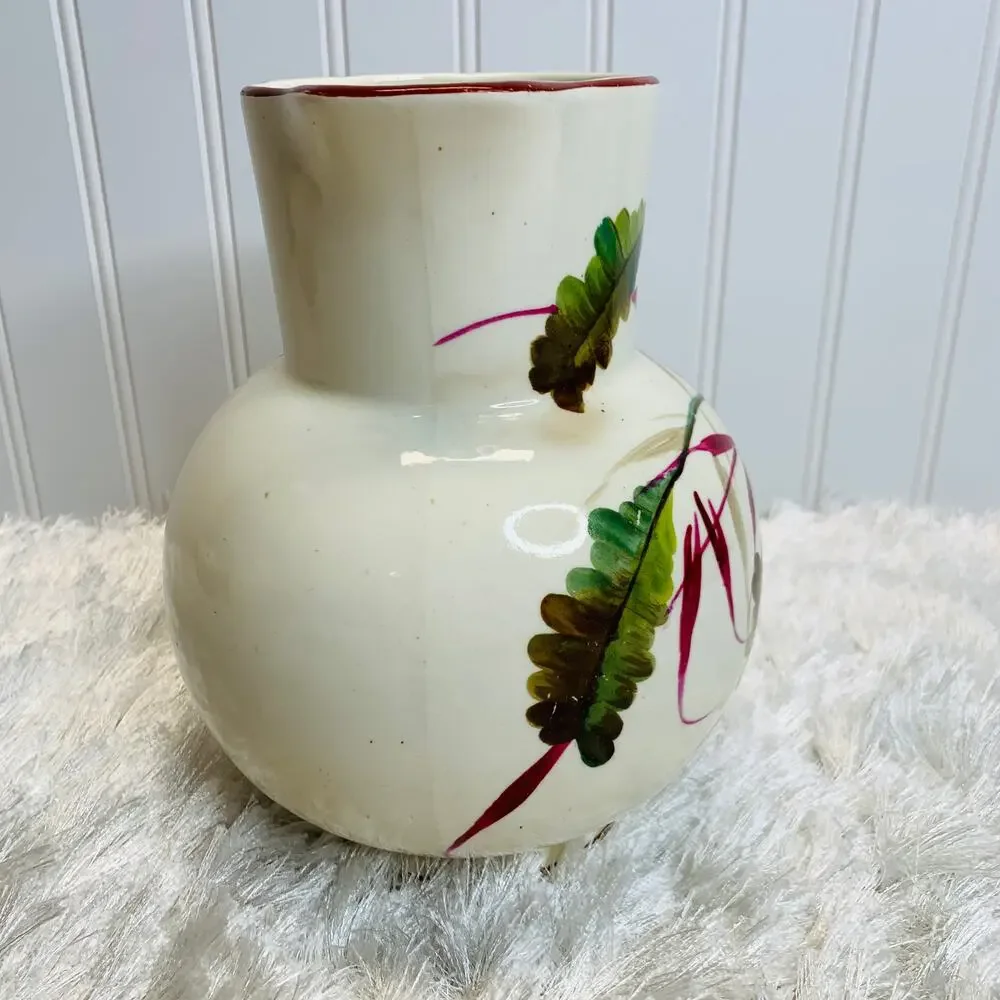 Handpainted Pitcher Vintage Green Red Leaves Tropical 8 x 6